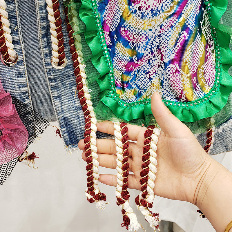 DEAT Autumn Winter Long Sleeve Turn Down Collar Vintage Holes Mesh Patchwork Blue Denim Jacket Women Coat Streetwear MJ999 201126