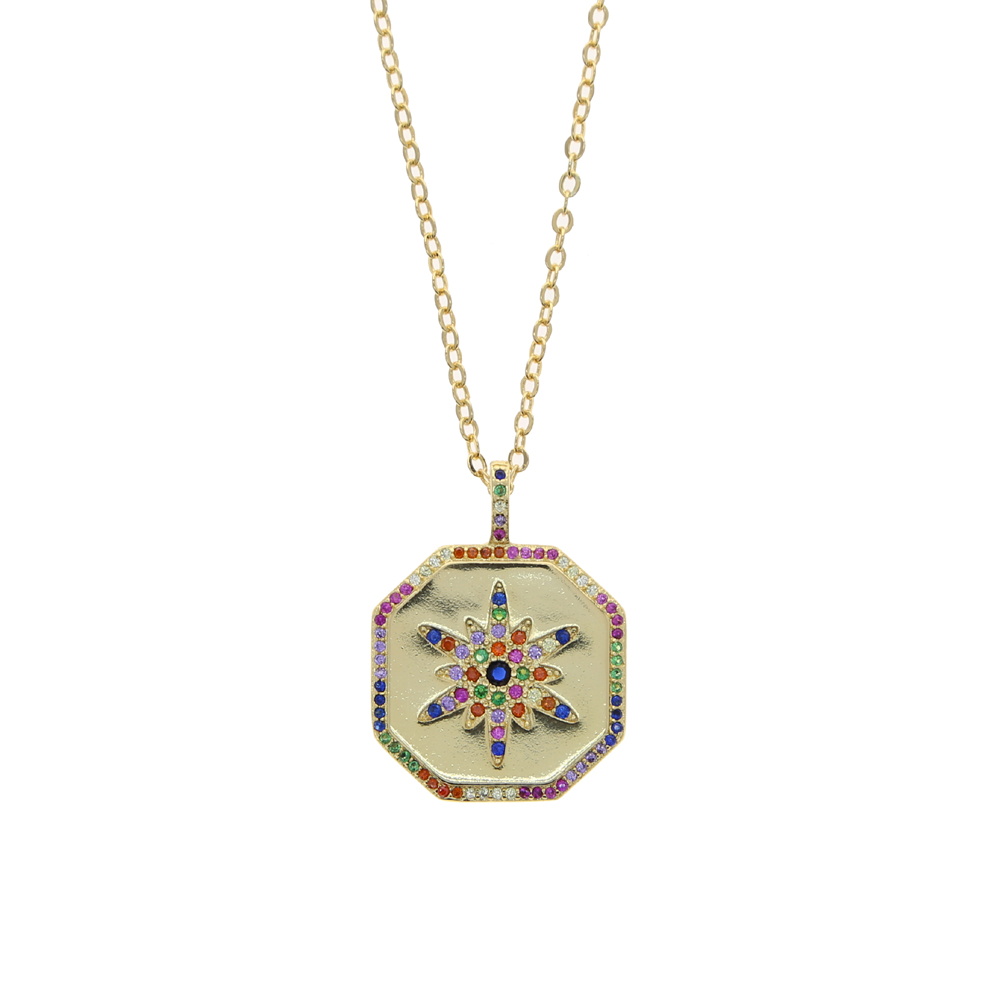 Geometric Fashion European Women Jewelry Promotion Gold Color White Rainbow CZ Starburst Hexagon Coin Pendant Necklace