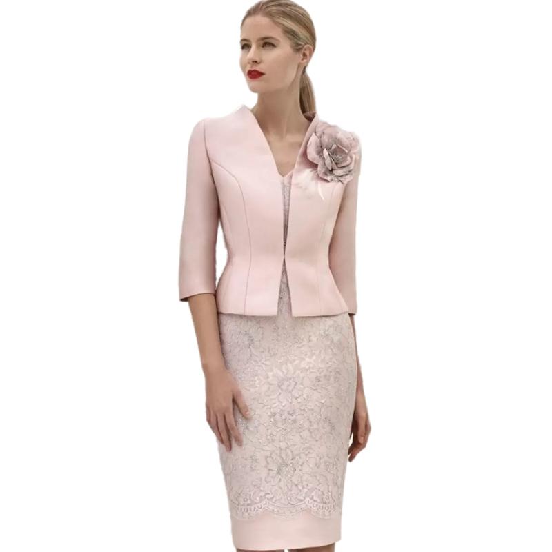 Elegant Blush Pink Lace Mother Of The Bride Dresses Suits With Short Jacket Knee Length Sheath Groom Mothers Formal Outfit Wedding Guest Gowns Custom 