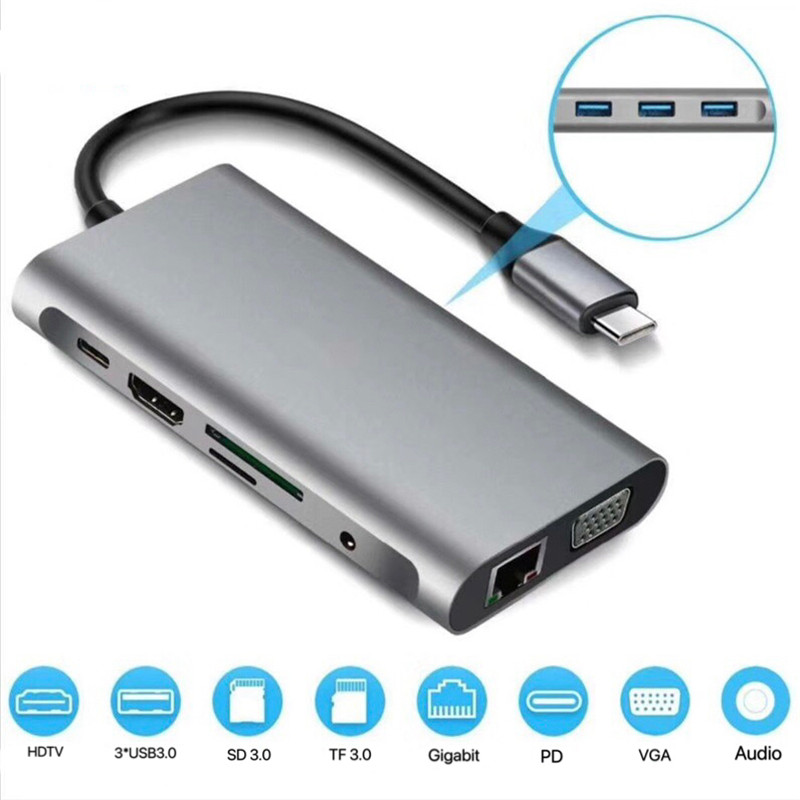 Multifunctional 10 IN 1 USB-C Hub 3xUSB 3.0 HDTV VGA Audio SD TF Reader RJ45 Ethernet PD Charging for MacBook Tablet
Multifunctional 10 IN 1 USB-C Hub 3xUSB 3.0 HDTV VGA Audio SD TF Reader RJ45 Ethernet PD Charging for MacBook Tablet