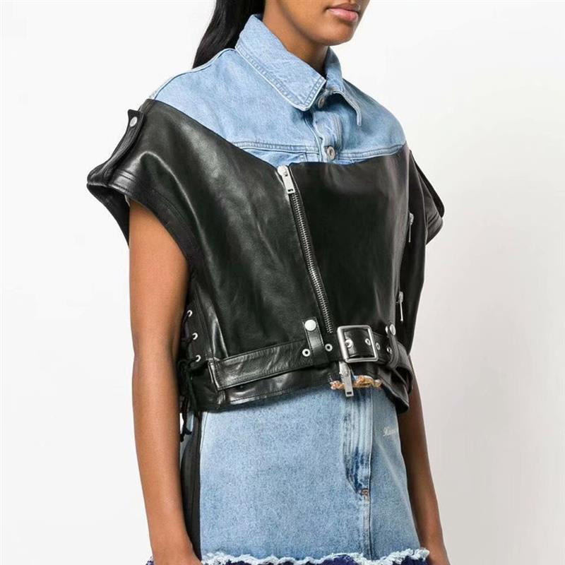 Denim stitching autumn temperament wild lapel leather sleeveless slimming zipper female jacket top 201029