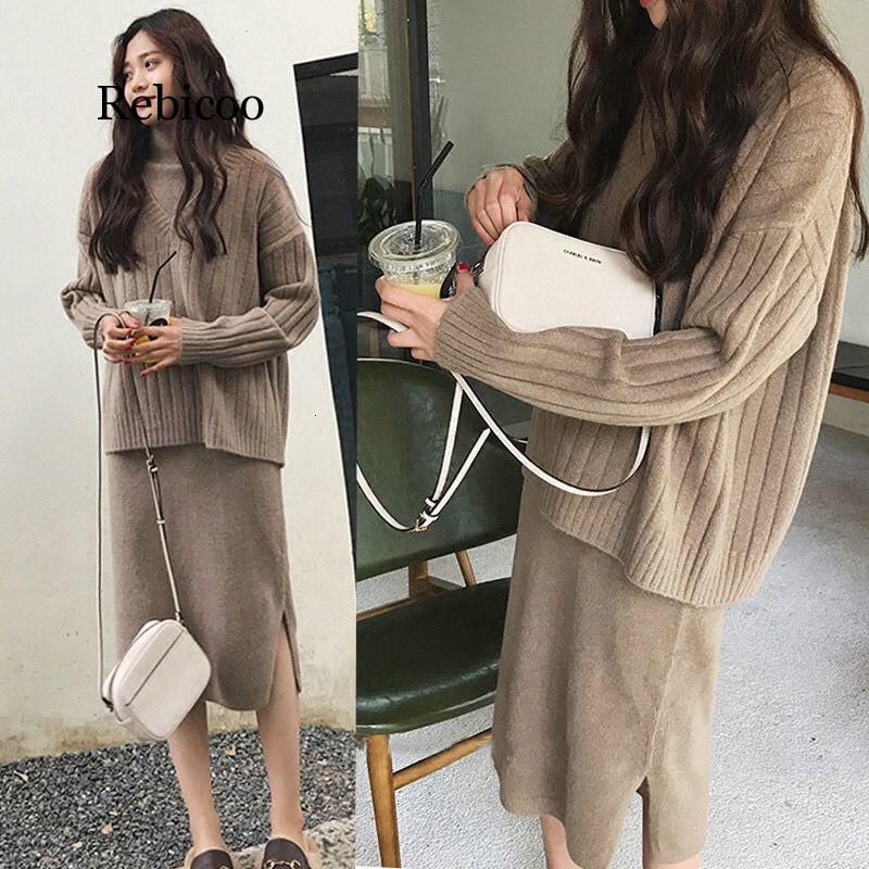 Plus Size 4XL Winter Women Set Long Sleeve V Neck Pullover And Sleeveless Long Split Sweater Dress Solid Warm Knitted Skirt Set 201008