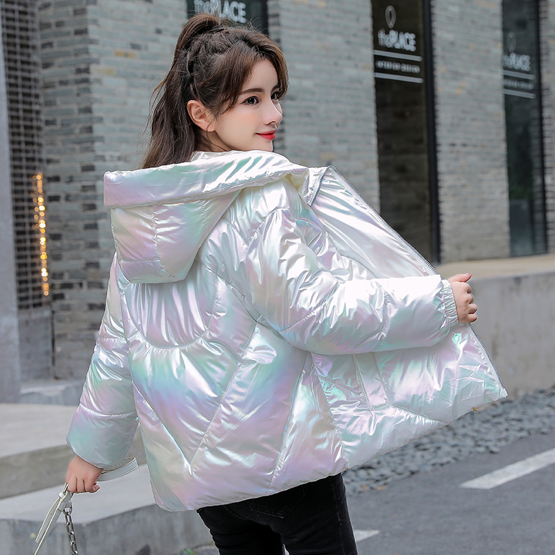 Women Winter Jacket Coats Hooded Tie dye Shiny Fabric Parkas Thick Warm Down Cotton jackets Zipper Padded Pocket Cold Outwear 210204
