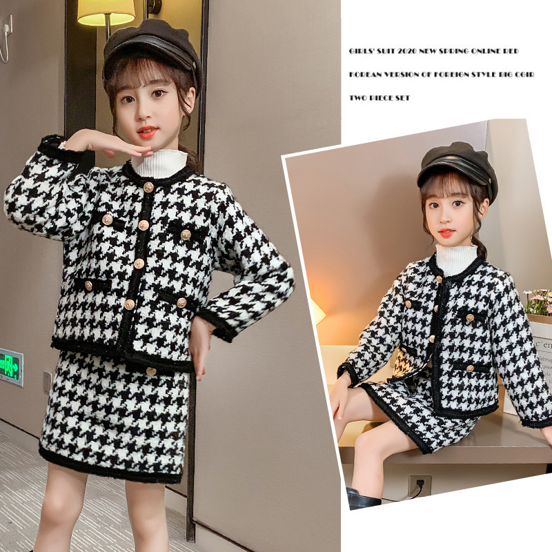 Children Winter Baby Girl Clothes Woolen Skirt Set Thicken Cardigan Plaid Coat+Skirts Two Piece Girls Outfits Fashion Kids SuitX1019