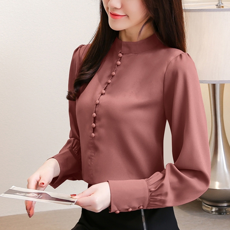 Korean fashion clothing longsleeve tops office stand solid lantern Sleeve Button blusas chiffon blouse plus size 5412 50 201125