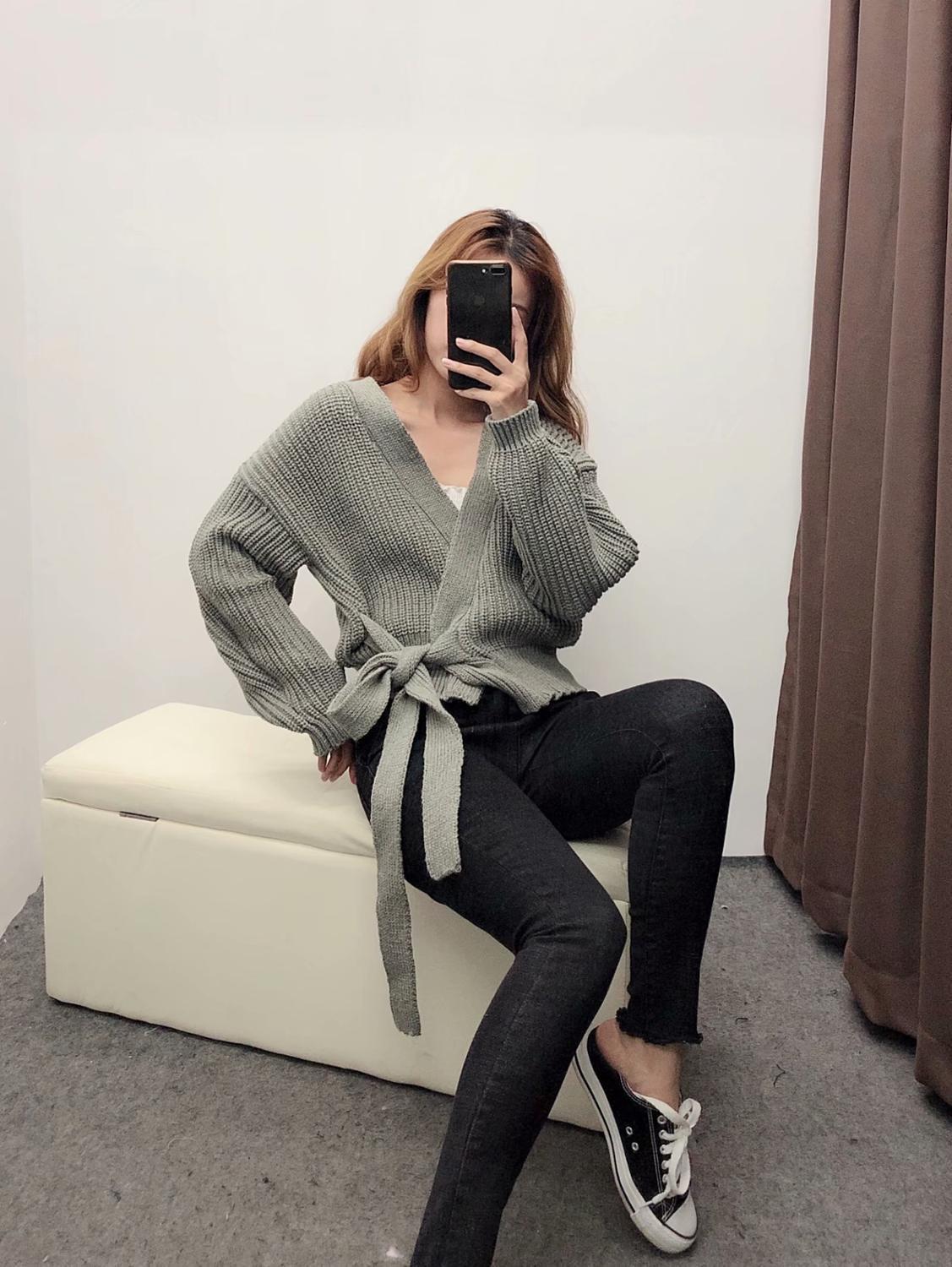 New Women Sweater Gray Beige Pink Solid Kinitted Cardigan Sashes V-Neck Sweater Casual Loose Style Female Clothes 201111wtt