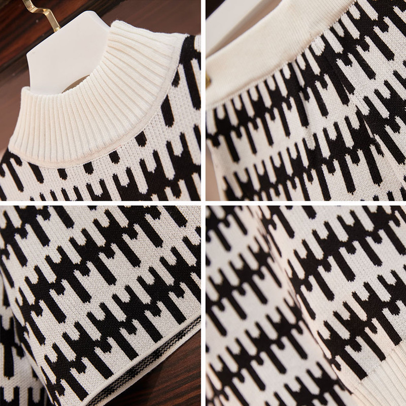 BLLOCUE Autumn European Style Women Long Sleeve Pullover Shorts 2pcs Sets Female Vintage Pattern Jacquard Knitting Suits 201119