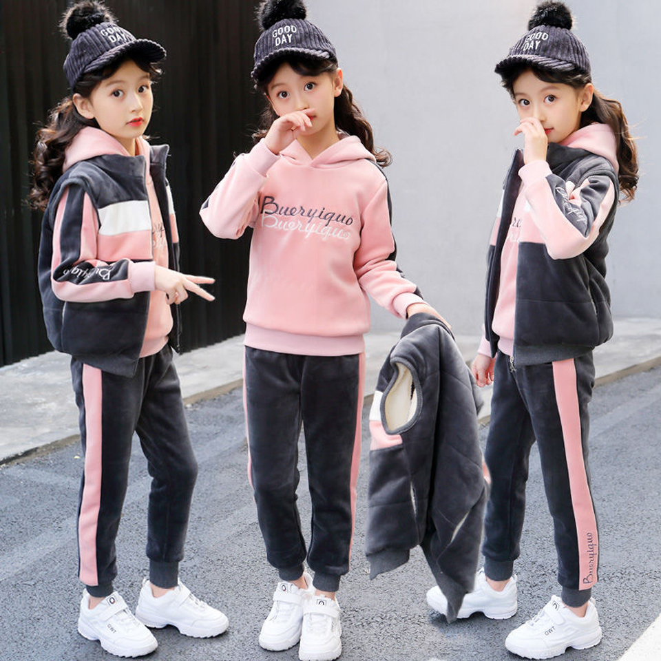 2019 Winter 3pcs Kids Thickening Hooded Vest+Sweater+Pant Sport Suits Baby Boys Girls Warm Fashion Set Children ClothingX1019