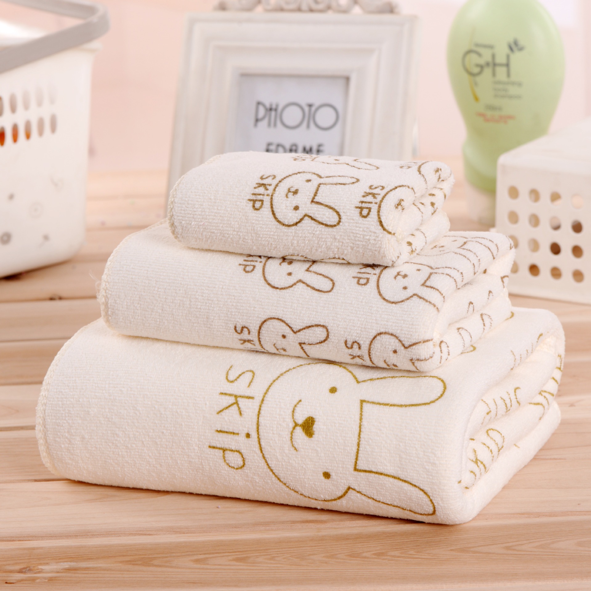 Microfiber bath towel set children gift 1pc bath cloth + 2pcs face hand towels foot print bear cartoon rabbit dry quickly pink blue yellow