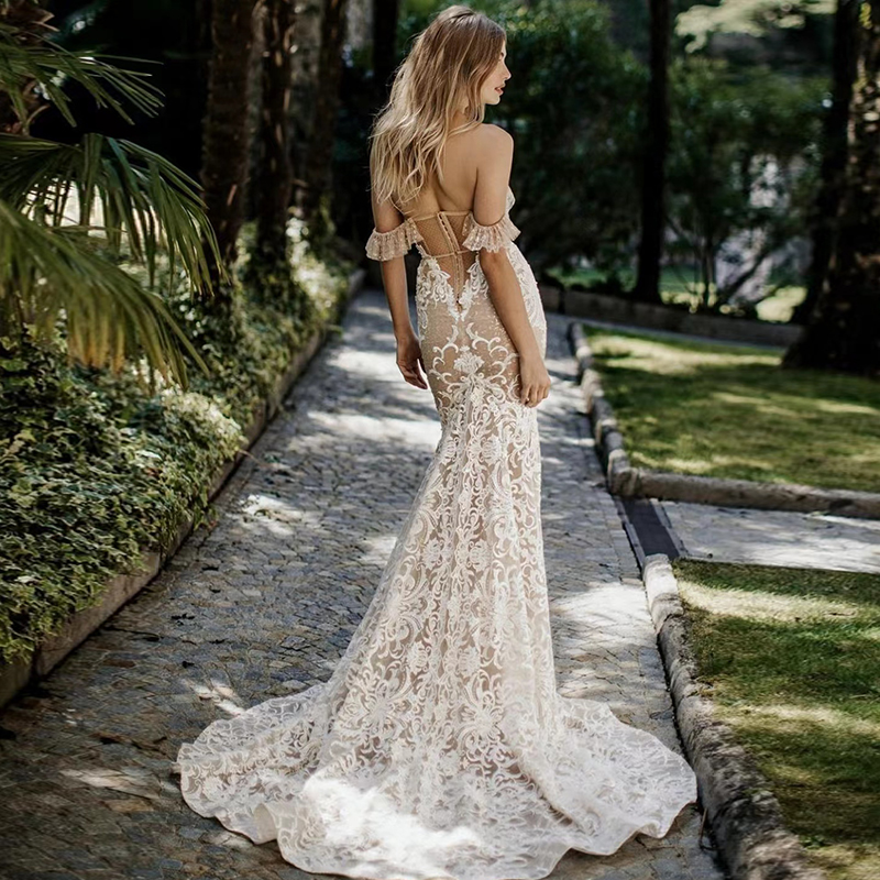 2022 Sexy Champagne Wedding Dress Lace Mermaid Strapless Off Shoulder Bride Wedding Gowns Charming Long Boho Beach Bridal Dresses Custom Made Vestido 