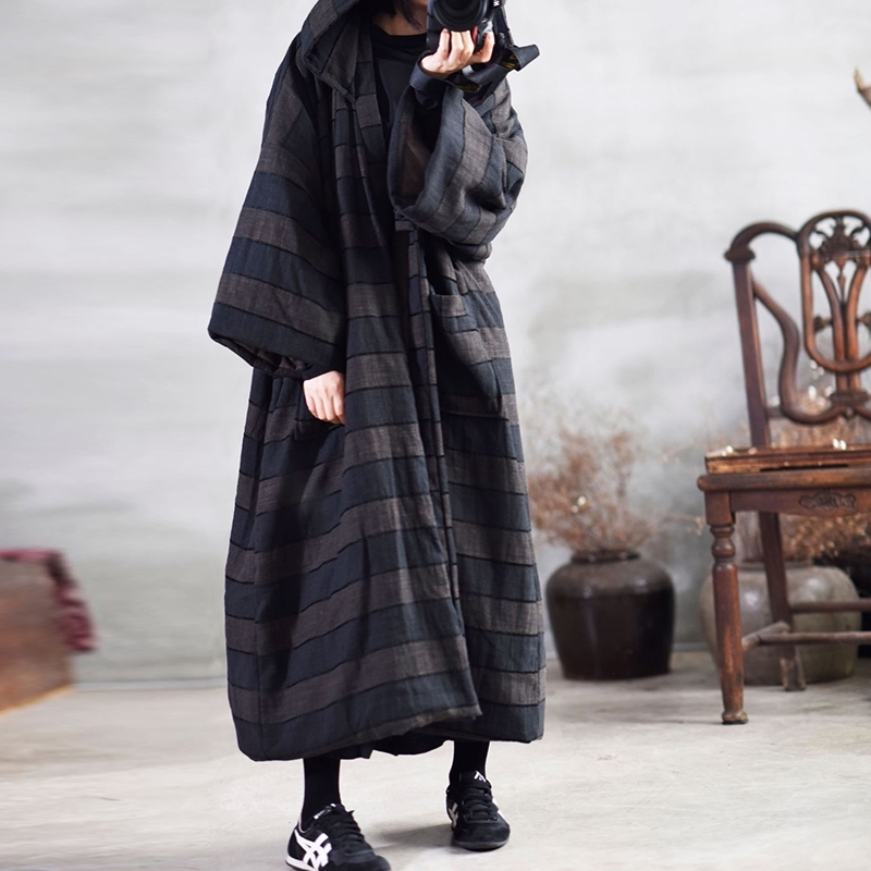 Johnature Women Vintage Cotton Parkas Coats Spring Striped Loose Simple Casual Warm Cotton Long Hooded Coats 201017