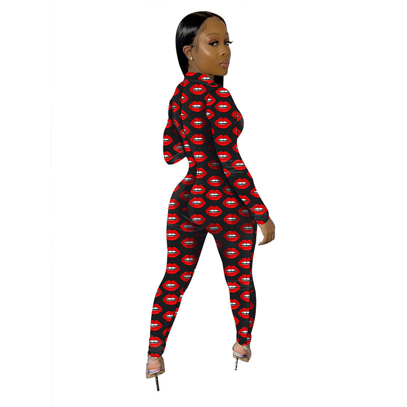 Lips Printed Sexy Skinny Overall for Women Stand Collar Zipper Front Bodycon Rompers Party Club Long Sleeve One Piece Jumpsuit T200509