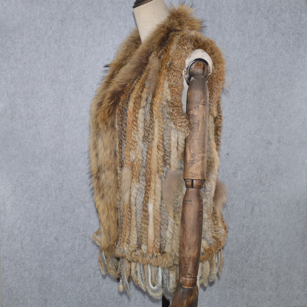 Party Women Real Rabbit Fur Vest Knitted Tassels Real Genuine Rabbit Fur Gilet Real Raccoon Fur Collar Waistcoat 201016