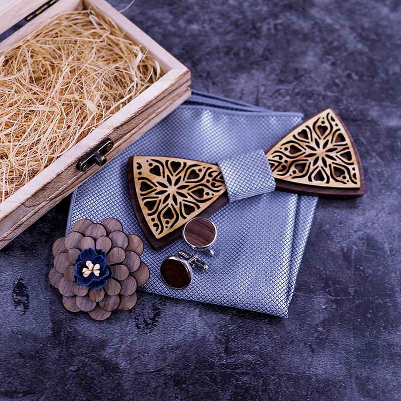 Double layer Wooden Bow Tie Men's Silver grey Wood Bowtie Cufflinks Set Business CuffLinks for Wedding corbatas para hombre 201028
