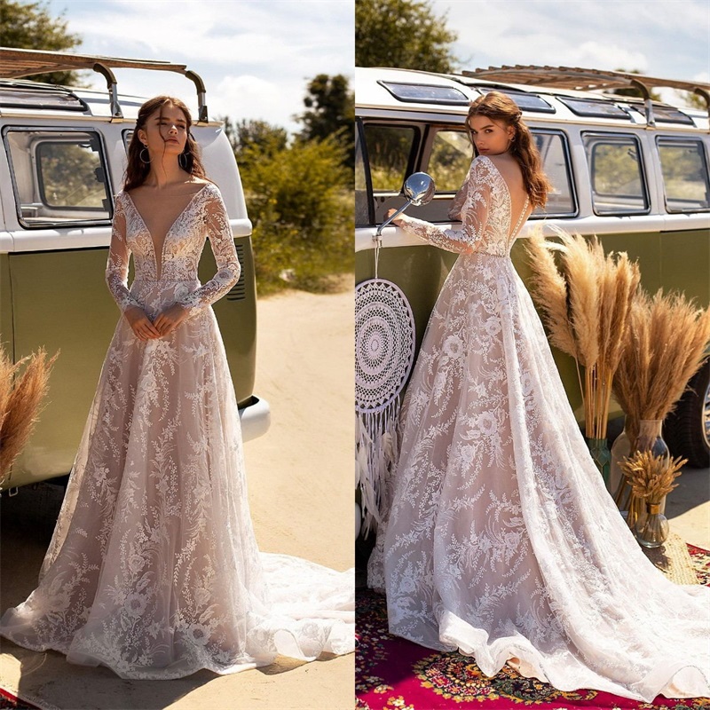 Floral A Line Wedding Dresses Appliqued Lace Bridal Gowns Long Sleeves Sweep Train Boho Custom Made Soft Tulle Vestido De Novia