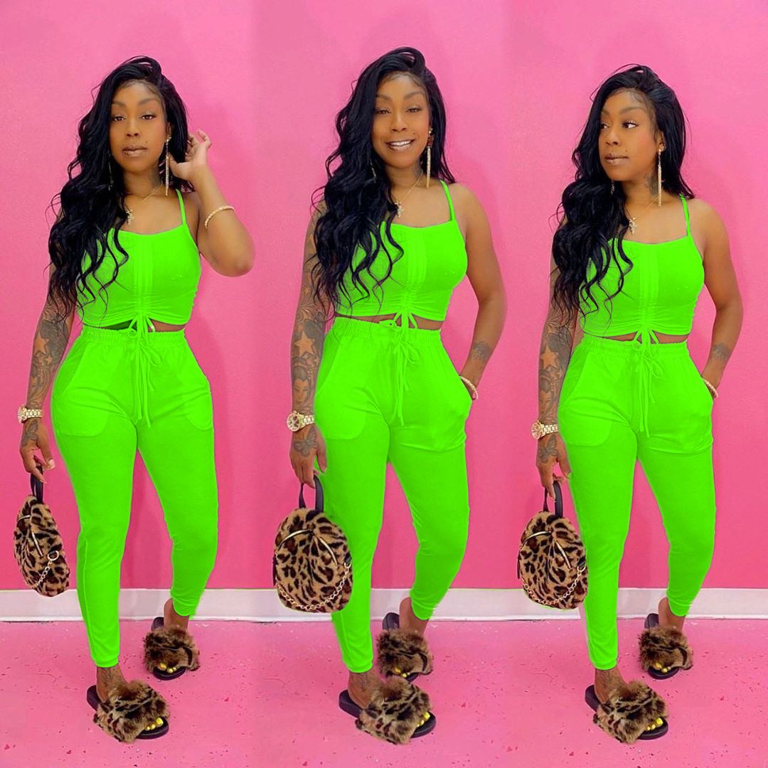 womens 2 piece short sets tracksuits 2023 Summer new suspender navel with pocket casual vest trousers Suit fashion summer style