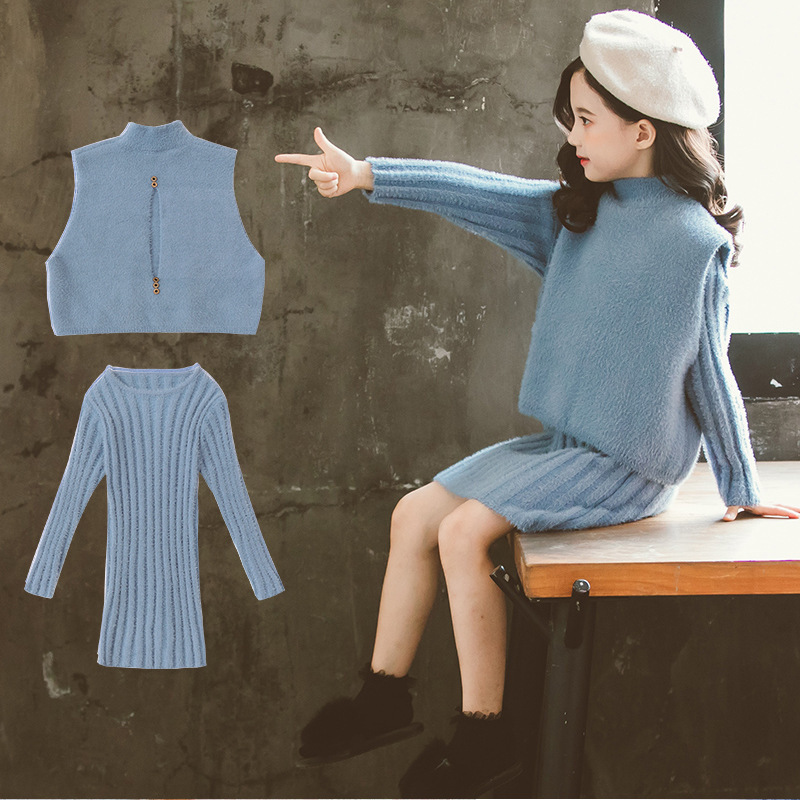 Autumn Winter Sweet Children's Suit Teens Girls Fall Sweater Coat Dress Sets 2pcs Big Children's Christmas New Year Two-pieceX1019