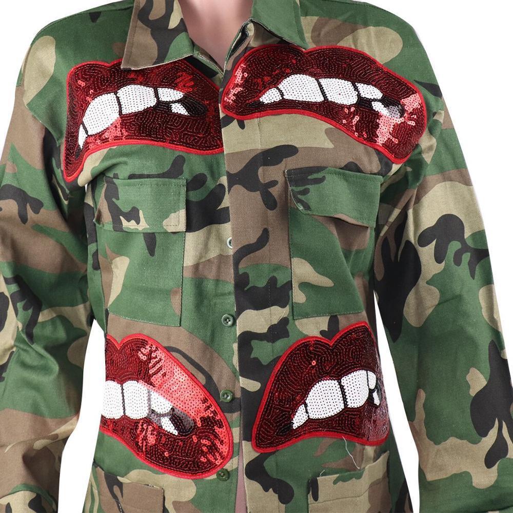 S--6XL Newest Styles Autumn Women Camouflage Coats Red Sequins Cute Long Sleeves Big Pockets Fashion Lady Jackets Casual Coats 201023