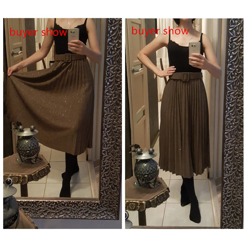 New Autumn Elastic Waist Women Long Skirt With Belt Winter Black ALine Female Skirt Solid Pleated Skirt Korea Style Femme T200324