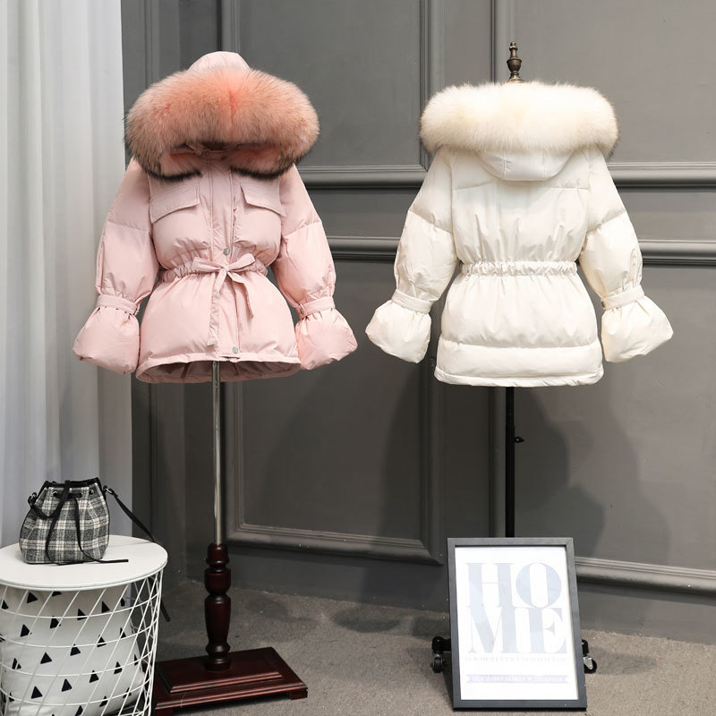 Fitaylor Large Natural Raccoon Fur Winter Jacket Women 90% White Duck Down Coats Thick Warm Parkas Sash Tie Up Short Snow Coat Y201001