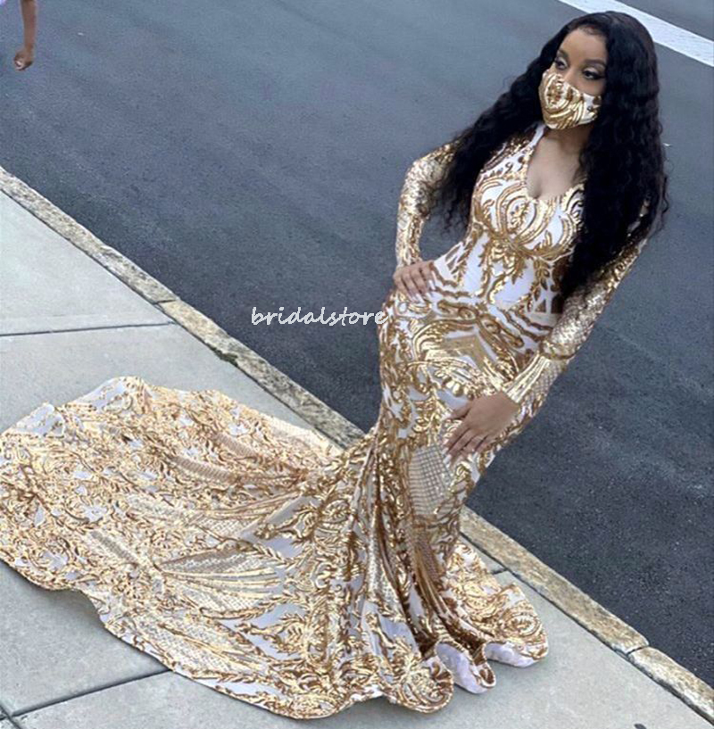 Sparkly Aso Ebi Gold Sequined Prom Dresses 2022 Glitter Mermaid Plus Size Evening Dress With Long Sleeve African Nigerian Black Girls Formal Party Gow