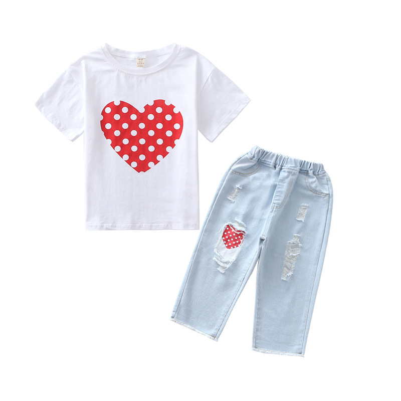 Kids Summer Clothes Set for Girl White T Shirt And Ripped Jeans Children Outfits 6 8 10 12 Years Girls Clothing SuitsX1019