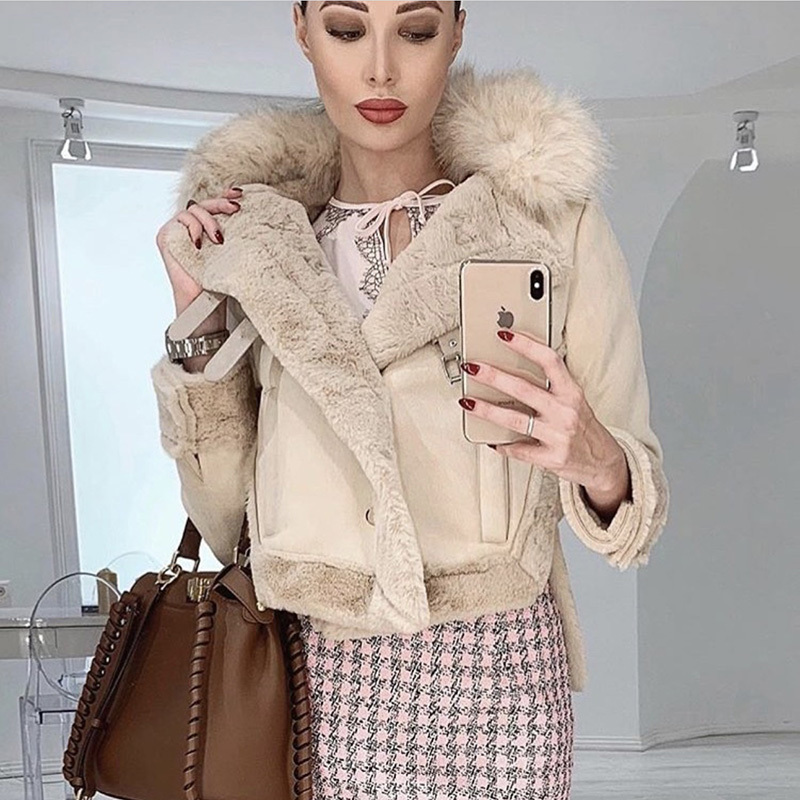 Women leather jackets Winter Suede Leather Jacket Women Short Lamb Wool Motorcycle Jacket Thick Lambs Fur Warm Coat T200507