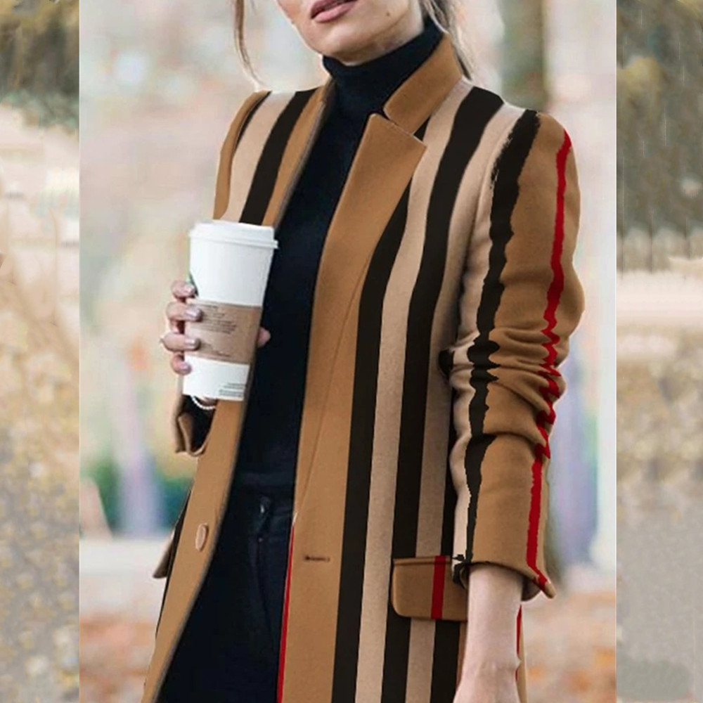 Autumn And Winter Women's New Long-sleeved Lapel Coat Printed Woolen Coat Fashion Striped Plaid Slim Coats Oversized 201216