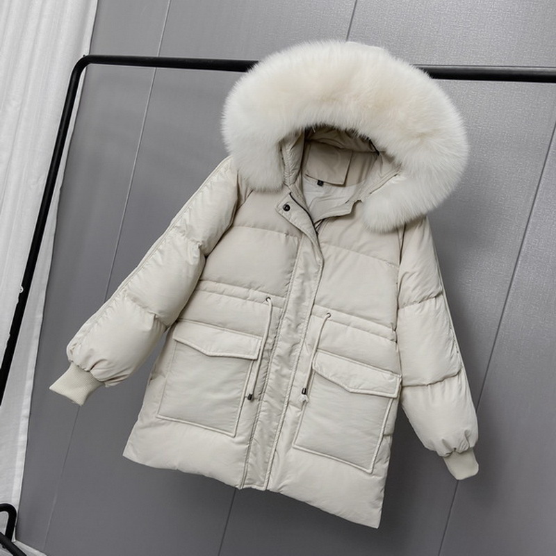 Winter White Duck Down Jacket Women Medium Long Hooded Down Coat Female Casual Thick Solid Fur Collar Jacket LJ201127