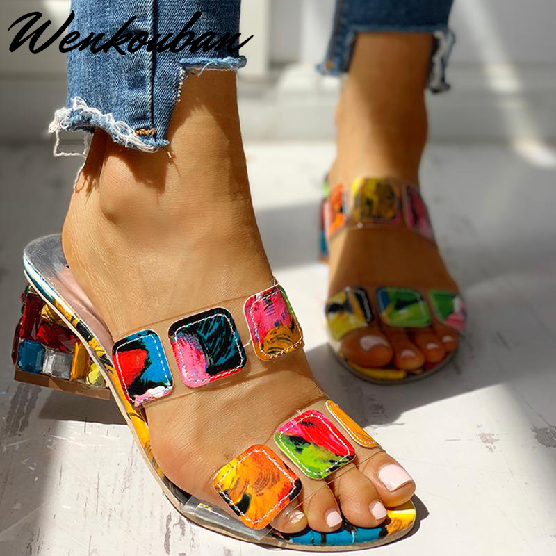 Crystal Women Square Heels Summer Sandals Peep Toe Ladies Multi Colors Wedge Shoes Sandalias de Verano Para Mujer Y200323