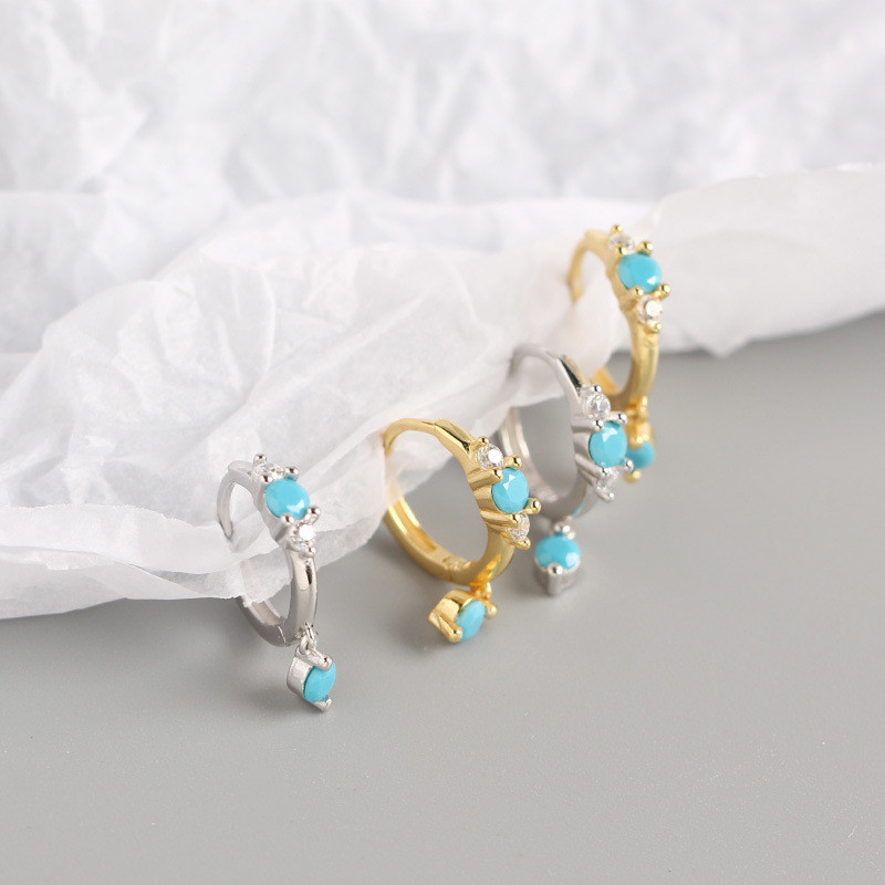100% 925 Sterling Silver Small Circle Stud Earrings for Women New Fashion Blue Turquoise Charms Earring Wedding Jewelry Gifts ML