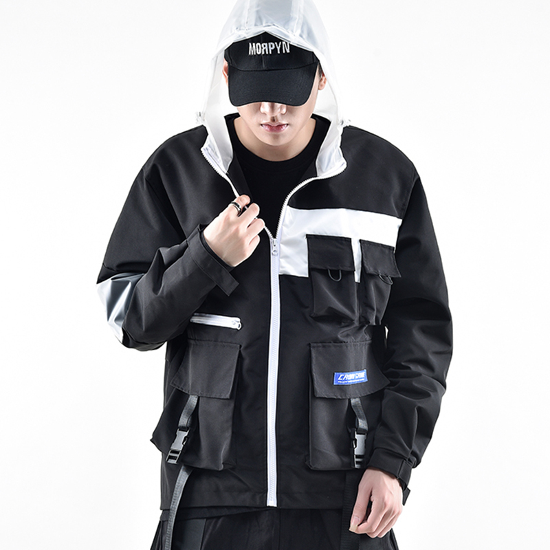 Men Jacket Windbreaker Hip Hop Streetwear Harajuku Hood Jacket Buckle Ribbon Multi Pocket 2019 Autumn Zipper Track Jacket Hoodie T200603