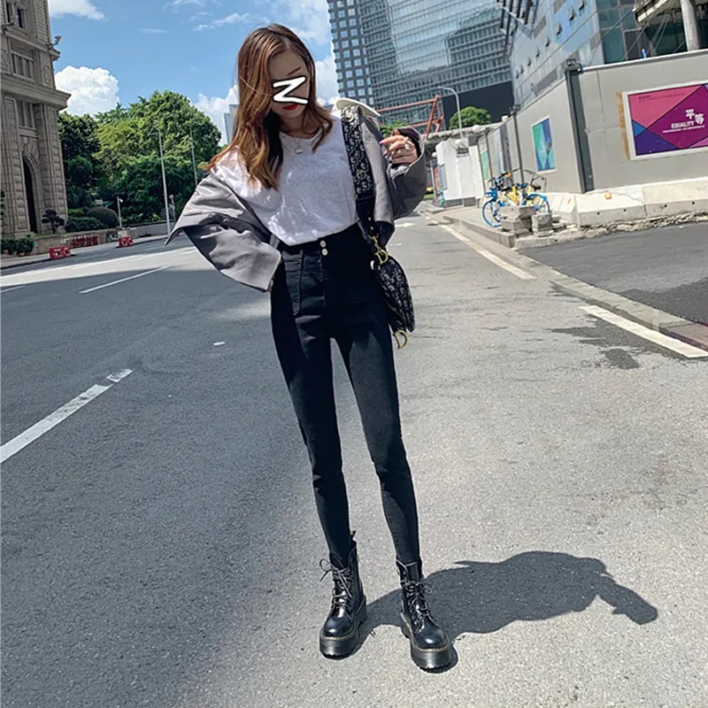 Korean vintage high waist elastic skinny jeans women streetwear tight denim straight leg ankle-length pants slim pencil trousers 201030