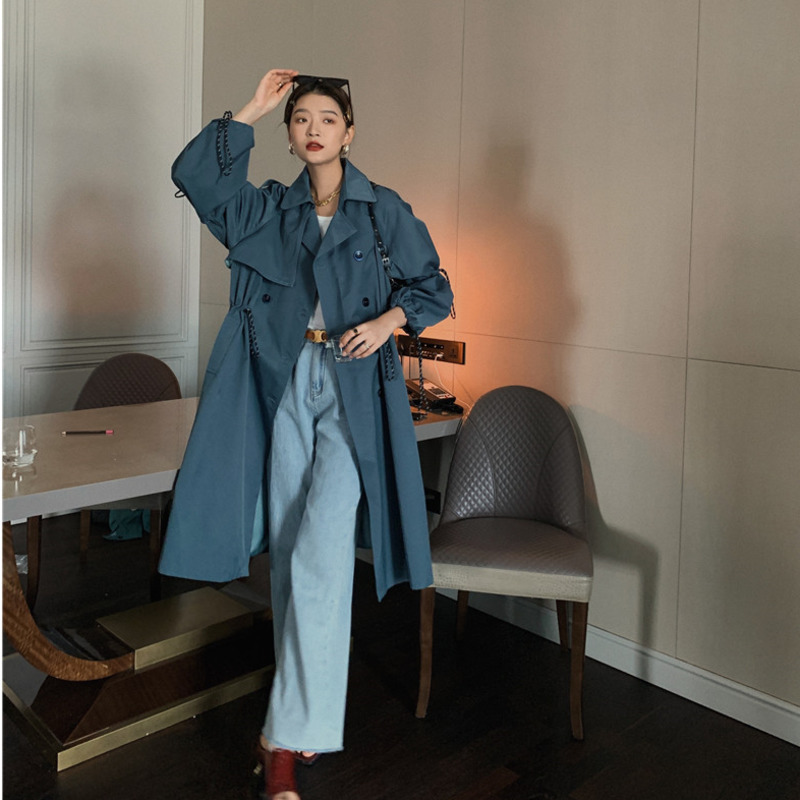 LANMREM autumn solid Women's double-breasted elegant turn-down collar pleated casual preppy style windbreaker coat 2A539 201102