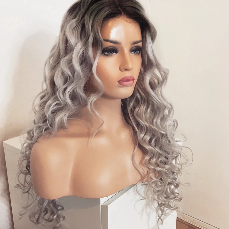 Long Curly Wigs Ombre Grey Wig Heat Resistant Fiber Hair Synthetic Lace Front Wig For Women Cosplay Wigs