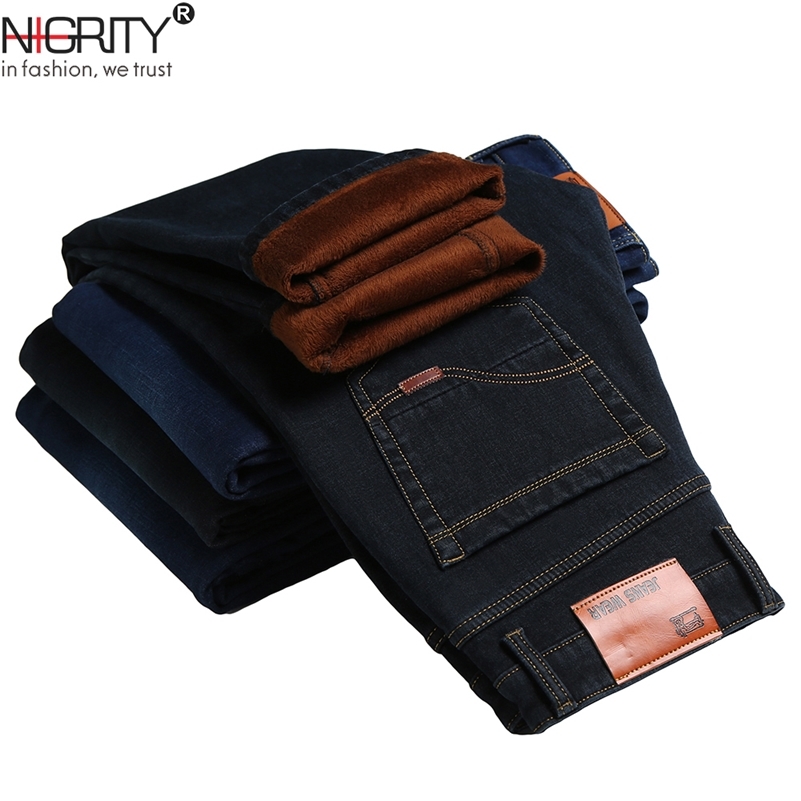NIGRITY Winter Men's Warm Fleece Jeans Stretch Casual Straight Thick Denim Flannel Jeans Soft Pant Trousers Plus Size 28-44 201223