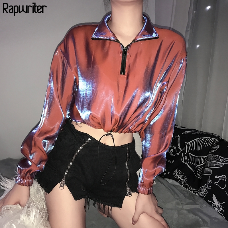 Rapwriter Fashion Turtleneck Zipper Drawstring Hem Harajuku Discolor Sweatshirt Women Autumn Long Sleeve Crop Top Pullovers 201102