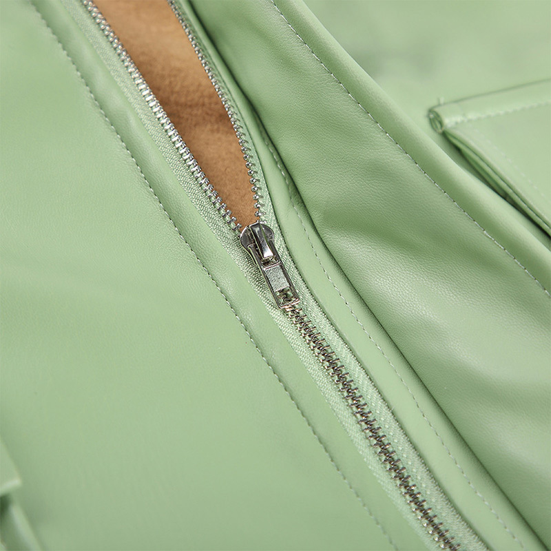 Green Women's Moto Biker Zipper Jacket Faux Leather Autumn Casual PU Jackets Winter Women Long Sleeve Streetwear Coat 201030