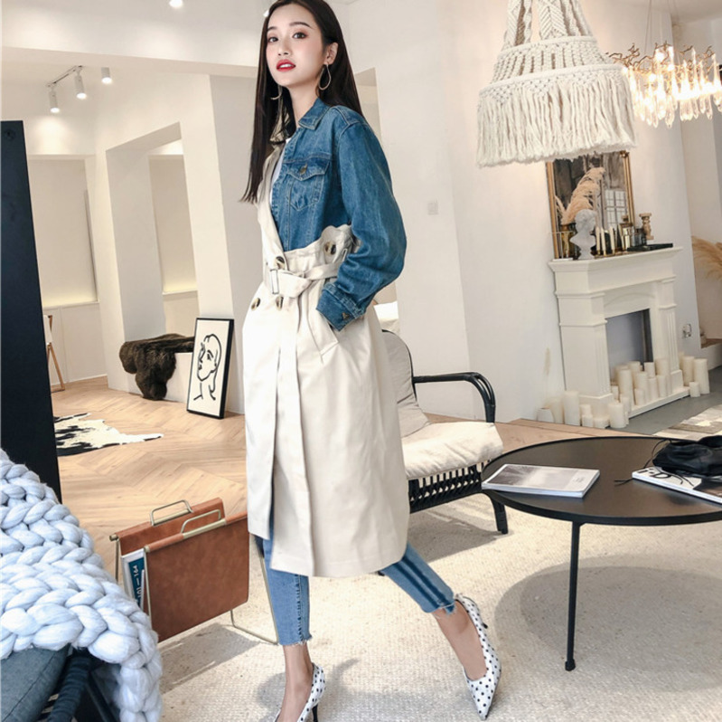 LANMREM Fashion autumn Double Breasted Patchwork Denim Turndown Collar Full Sleeve Casual Women Windbreaker YE53712 201030