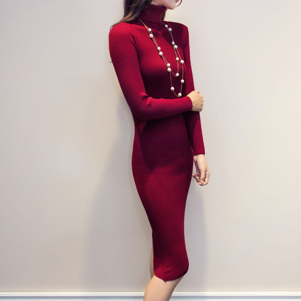 Women Autumn Winter Knitted Sweater Dresses Slim Elastic Turtleneck Long Sleeve Sexy Lady Bodycon Dresses 201008