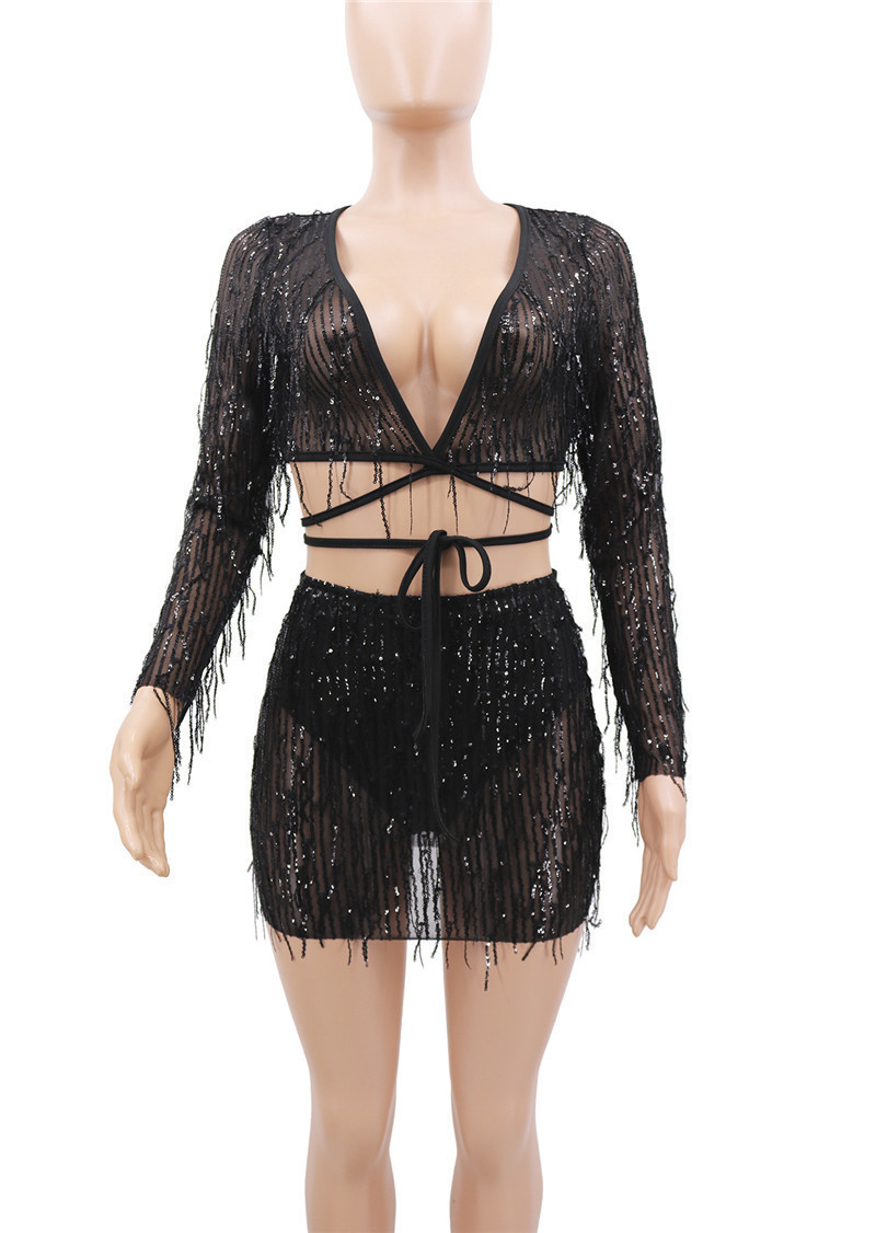 Adogirl Sequined Tassel Sheer Mesh Two Piece Set Women Sexy Night Club Party Suit Lace Up V Neck Long Sleeve Crop Top Mini Skirt T200325