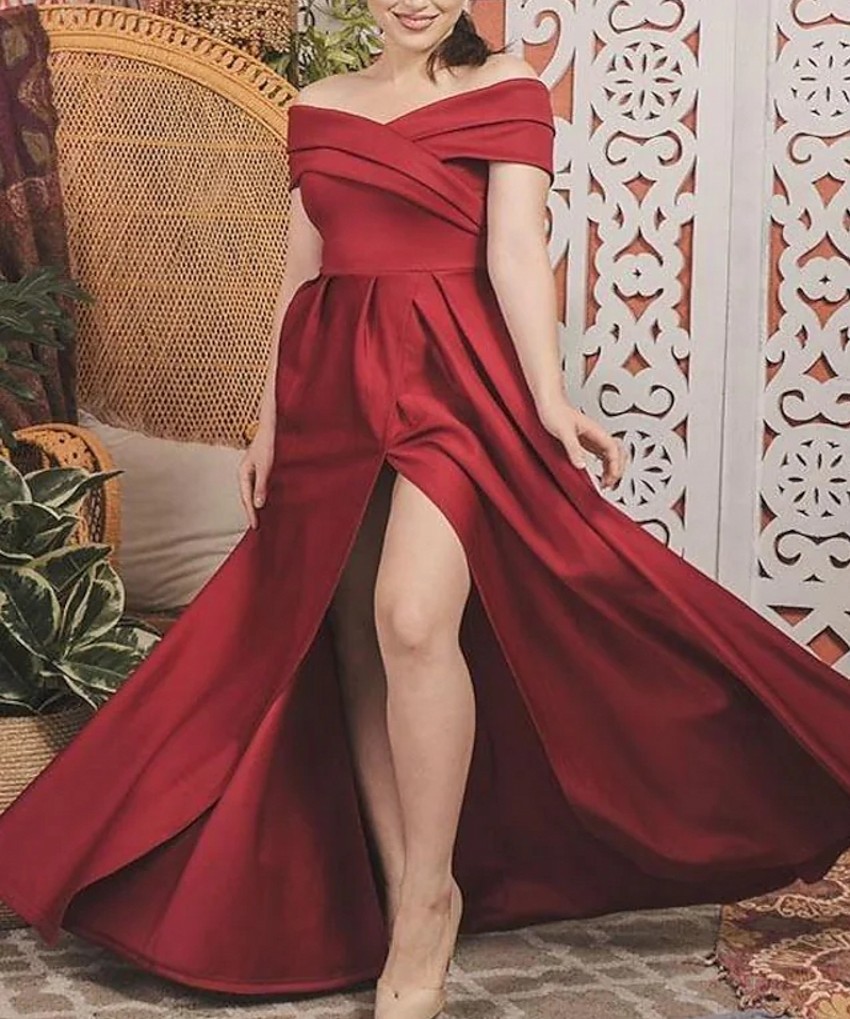 A-Line Dark Red White Long Prom Evening Dress Off Shoulder Short Sleeve Slit Formal Party Gown New Robes De Soirée Vestidos Longo 2022