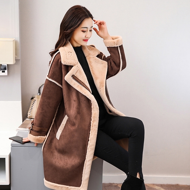 Winter Long Suede Leather Jacket Women Plus Size Female Brown Faux Fur Lined Suede Jacket Woman Coat Large Ladies Windbreaker 201030