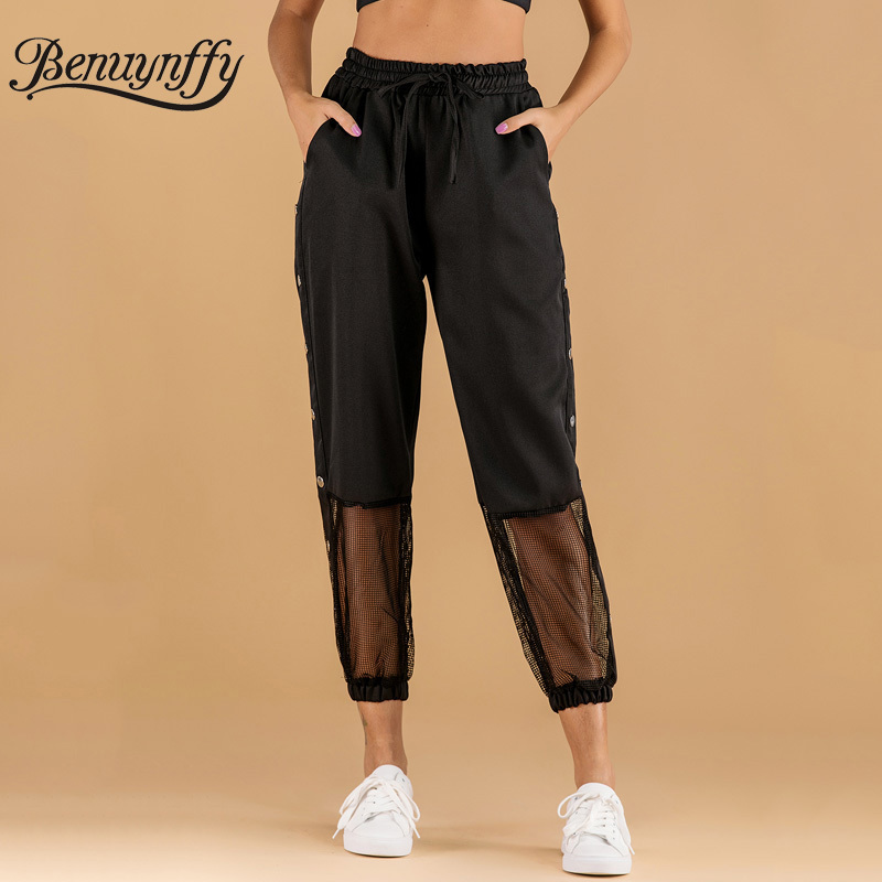 Benuynffy Black Side Button Cargo Pants Women Spring Summer Mesh Patchwork Ladies Casual Trousers Pocket Tie Waist Capris Pants 201031