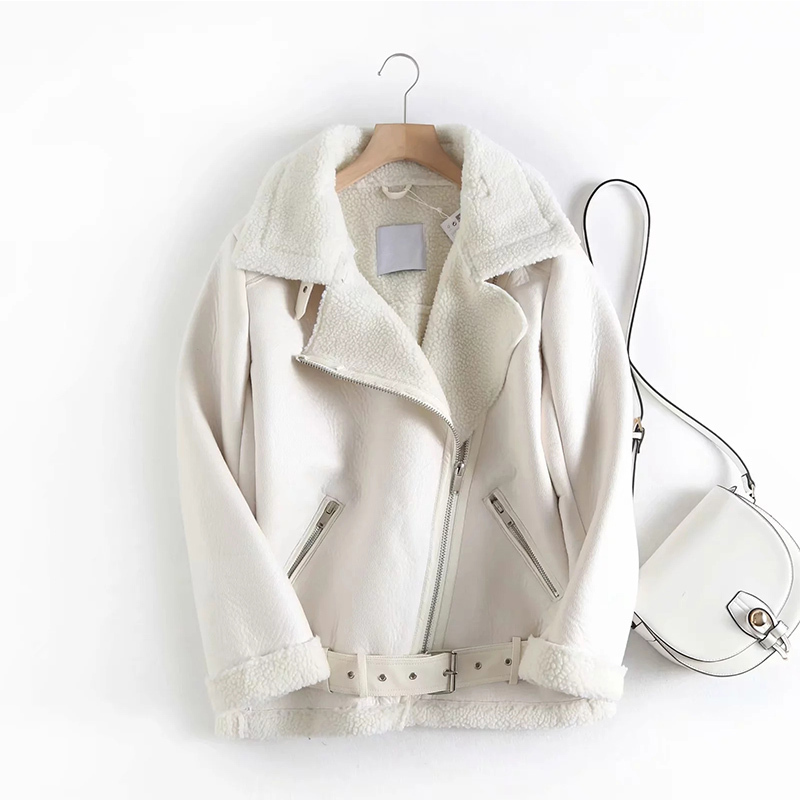 Ailegogo Autumn Winter Women Faux Lamb Leather Jacket Streetwear Thickness Sheepskin Female Loose Coat with Belt Outwear 201030