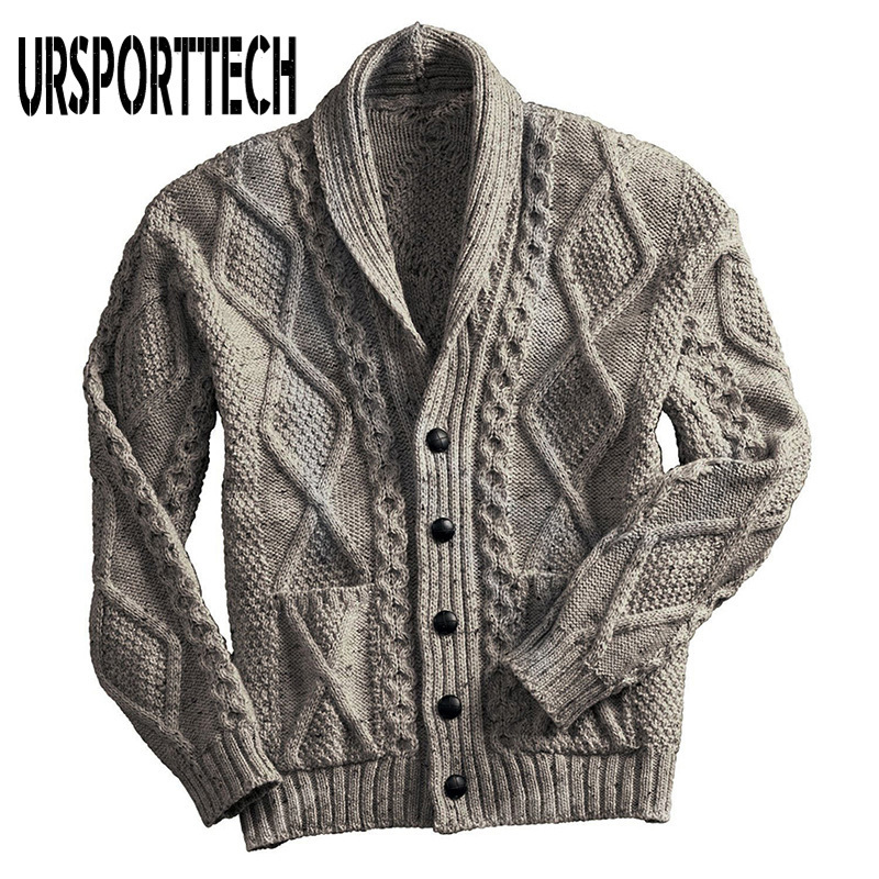 100% Irish Merino Wool Aran Button Men's Autumn Winter New Cardigan Sweatercoat Slim Fit Warm Knitted Sweater Coat 201210