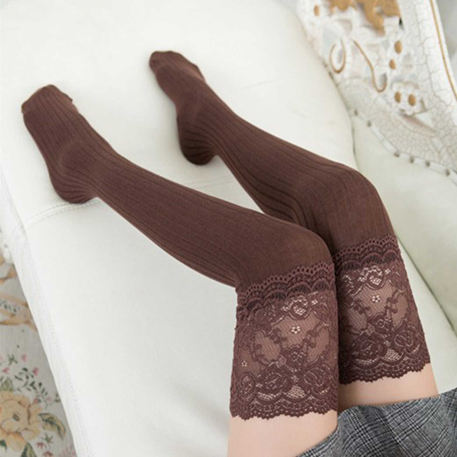 New Style Lace Over The Knee Socks Spring And Autumn Cotton Vertical Stripes Women's Stockings Non-slip High Tube Thigh Hosierys Wholesale, Coffee
New Style Lace Over The Knee Socks Spring And Autumn Cotton Vertical Stripes Women's Stockings Non-slip High Tube Thigh Hosierys Wholesale, Coffee