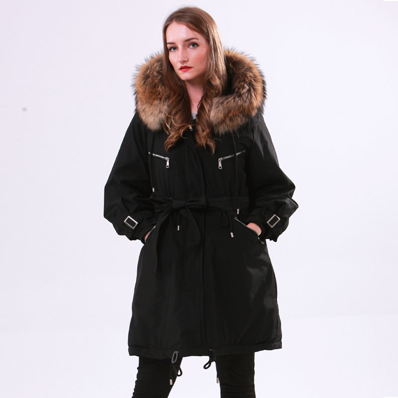 Large Natural Raccoon Fur Winter Jacket Women Hooded Long Parkas For Female Thick Slim Down Winter Coat Women Waterproof 201125