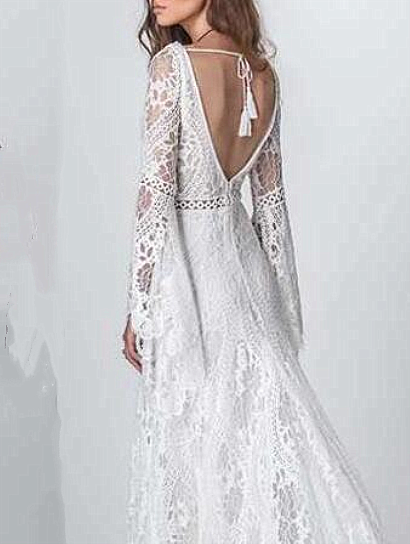 Vintage Ivory Bohemian Lace Beach Wedding Dresses Bridal Gowns Long Sleeve V-Neck Fitted Boho Country Hippie Style Bride Dress Vestidos 0219