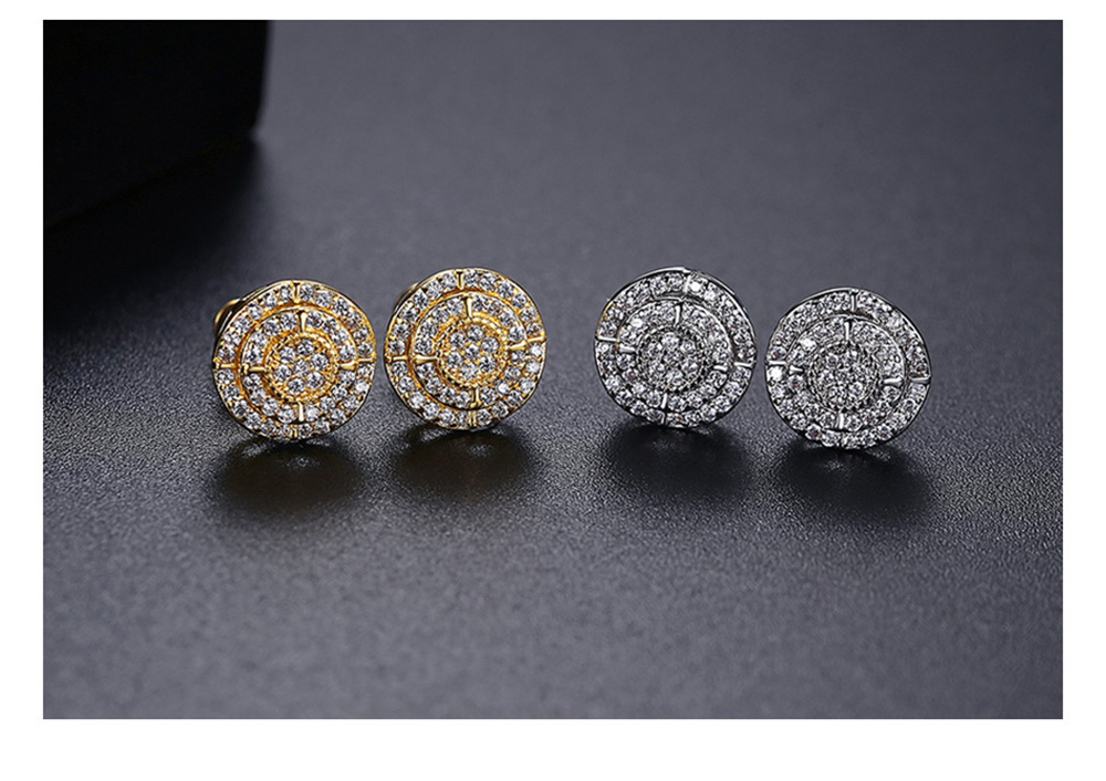 Hip Hop Men's Stud Earrings Round Shape Shining White Zircon Dangle Earrings Bling Gold Plated Jewelry Wholesale